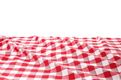 Photo of Crumpled tablecloth with checkered pattern isolated on white