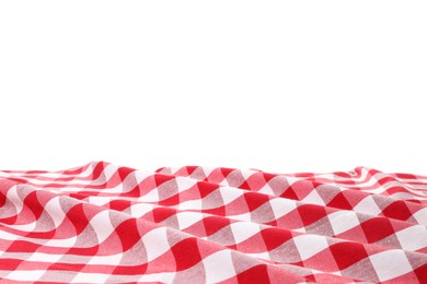 Photo of Crumpled tablecloth with checkered pattern isolated on white