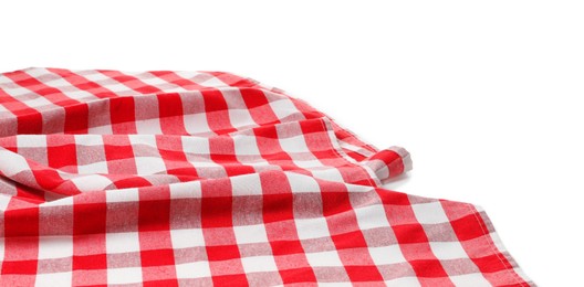 Photo of Crumpled tablecloth with checkered pattern isolated on white