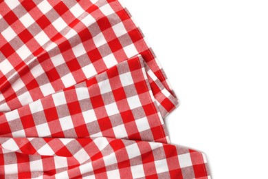 Photo of Crumpled checkered tablecloth isolated on white, top view