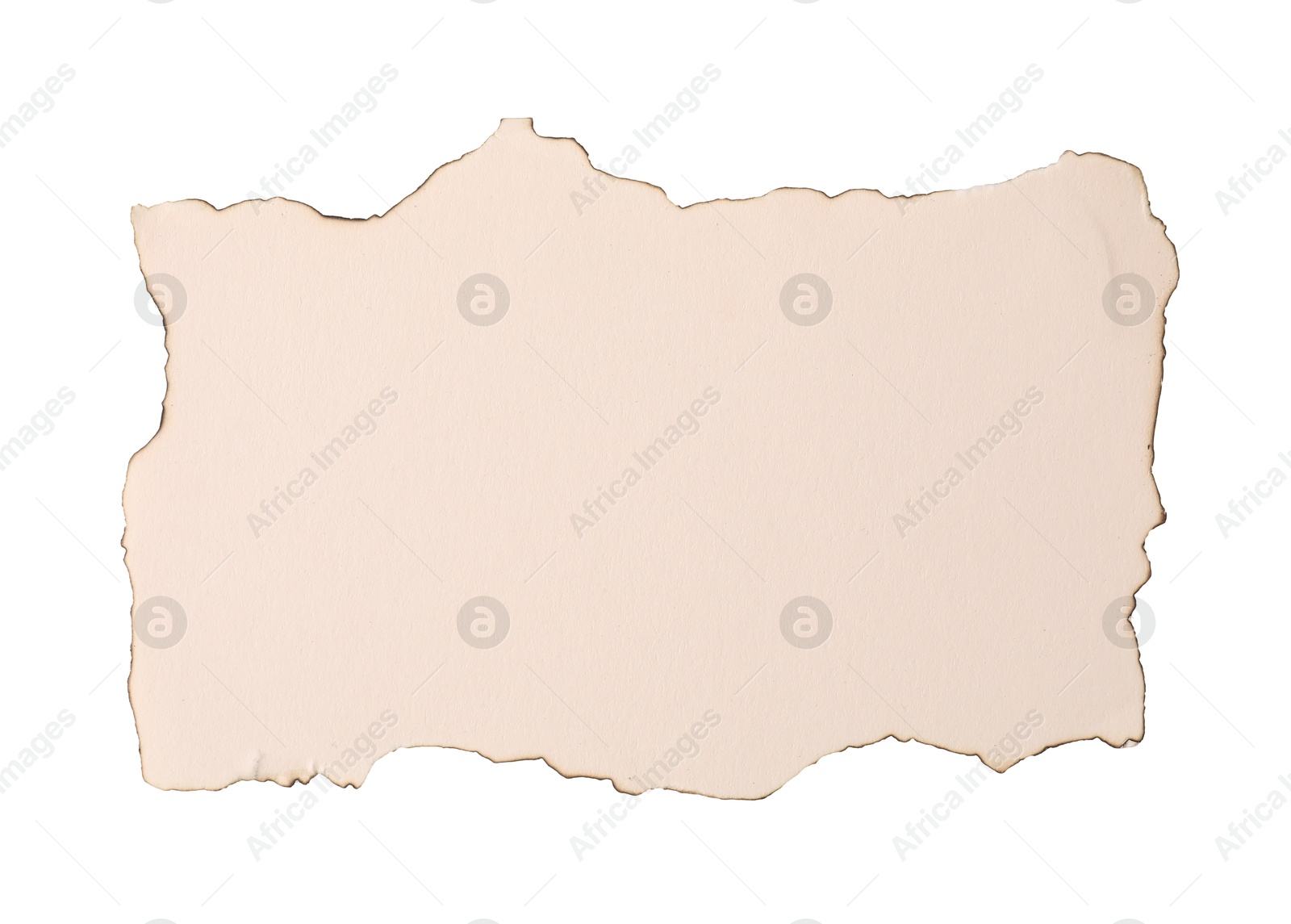 Photo of Piece of old paper with dark burnt borders isolated on white, top view