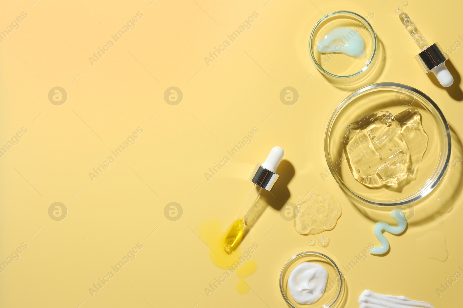 Photo of Petri dishes with cosmetic products and pipettes on yellow background, flat lay. Space for text