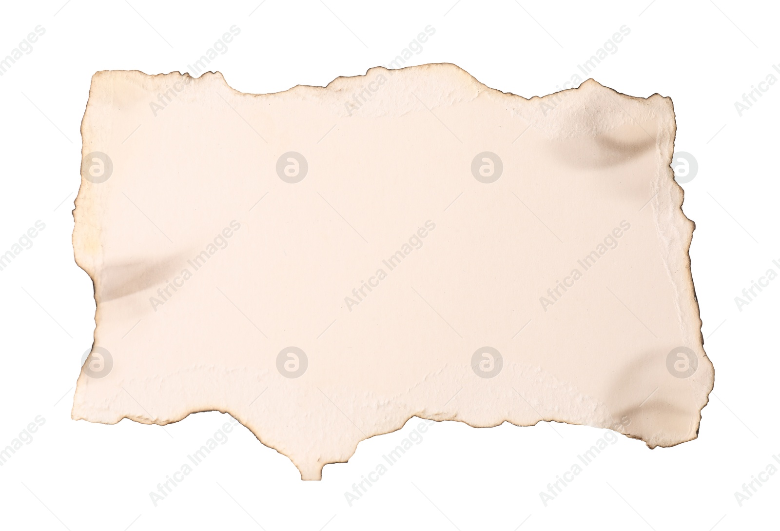 Photo of Piece of old paper with dark burnt borders isolated on white, top view