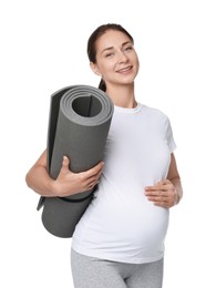 Photo of Beautiful pregnant woman with exercise mat isolated on white