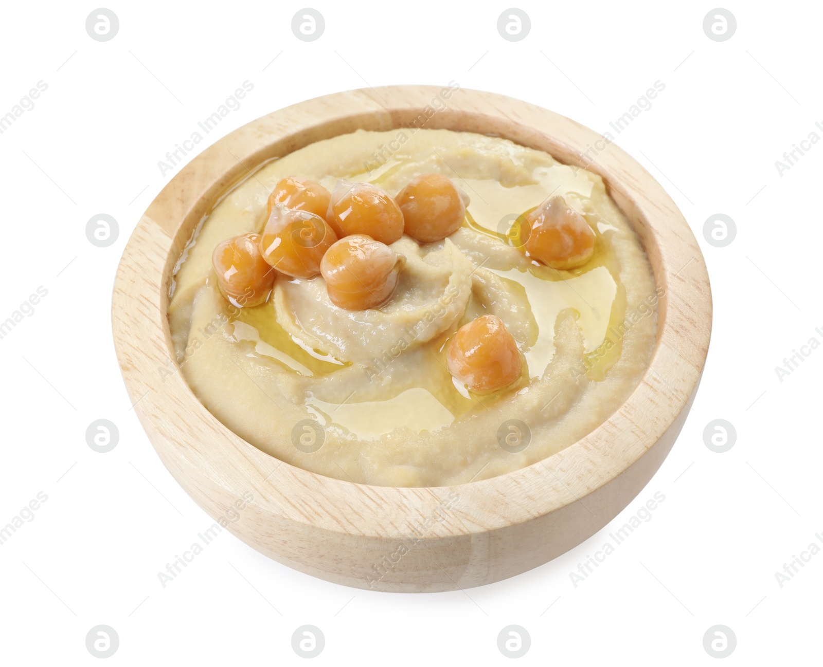 Photo of Delicious hummus with olive oil and chickpeas isolated on white