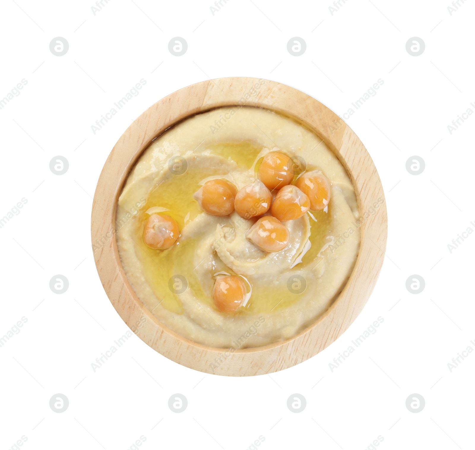 Photo of Delicious hummus with olive oil and chickpeas isolated on white, top view