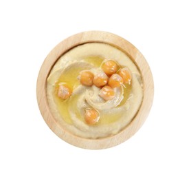 Photo of Delicious hummus with olive oil and chickpeas isolated on white, top view