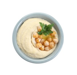 Photo of Delicious hummus with olive oil, chickpeas and parsley isolated on white, top view