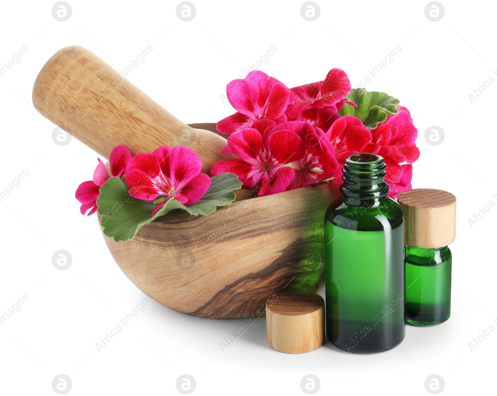 Photo of Geranium essential oil in bottles, beautiful flowers, mortar and pestle isolated on white