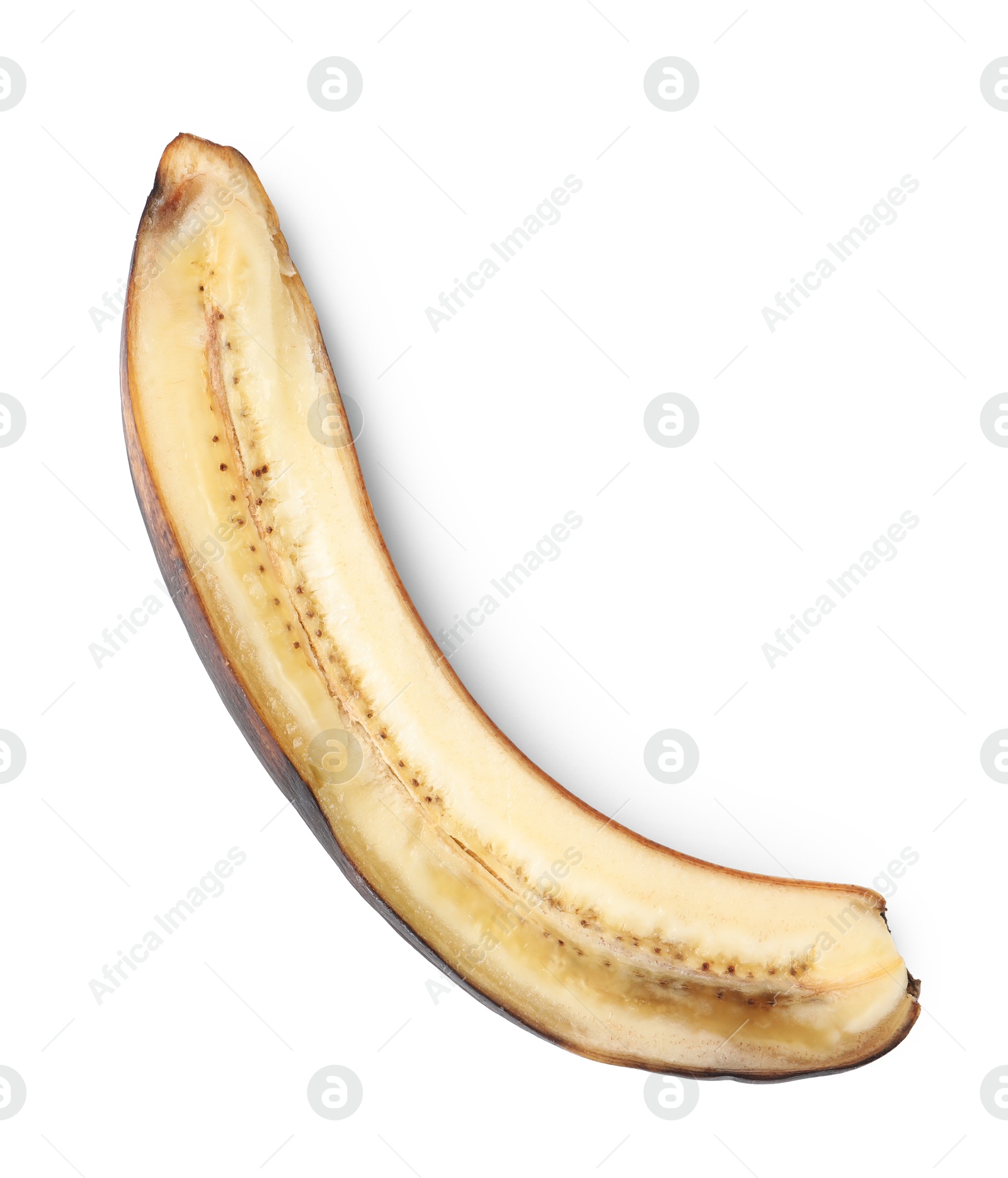 Photo of Half of overripe banana isolated on white, top view