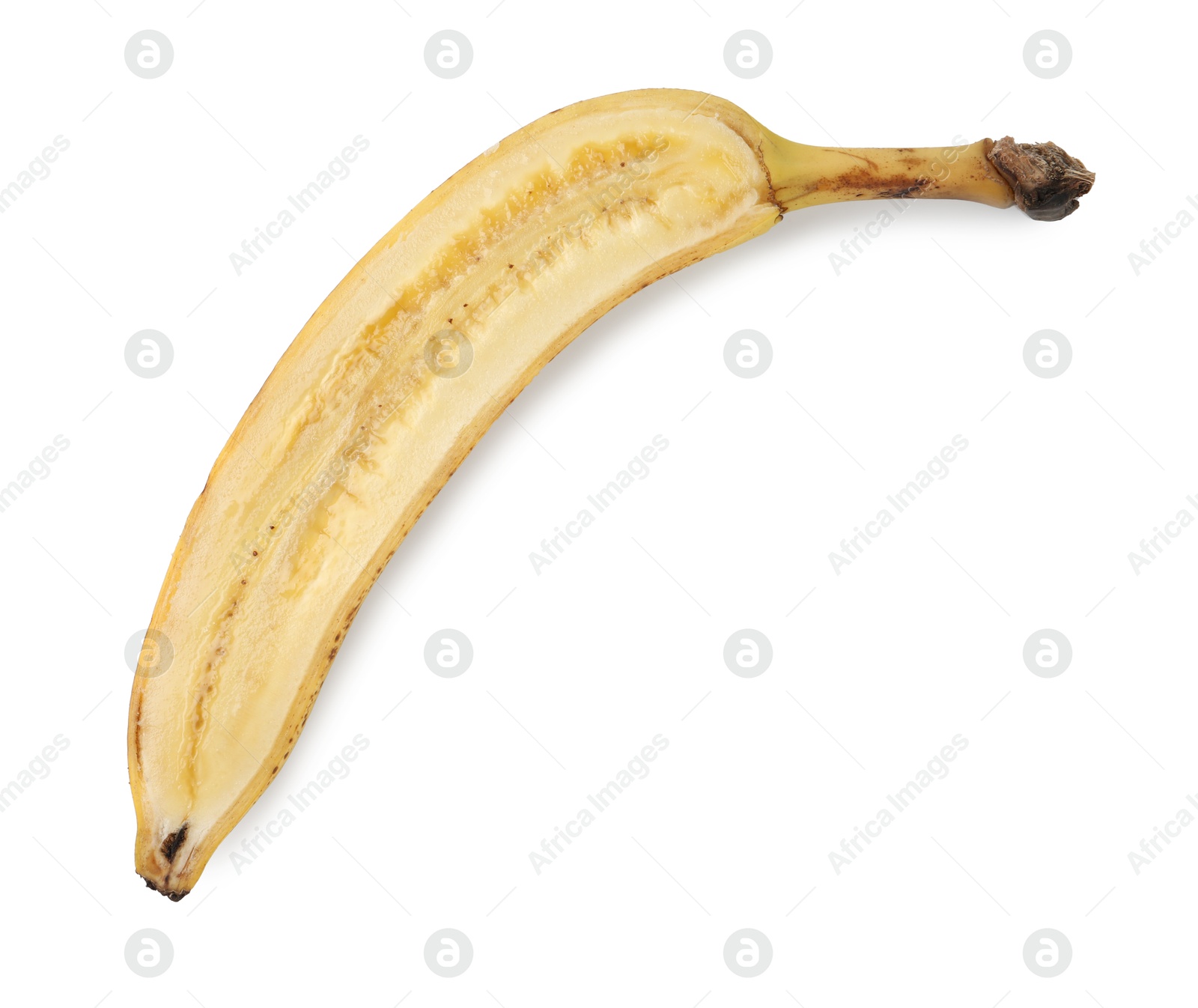 Photo of Half of ripe banana with dark spots isolated on white, top view