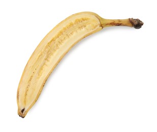 Photo of Half of ripe banana with dark spots isolated on white, top view