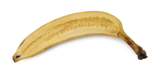 Photo of Half of ripe banana with dark spots isolated on white, top view