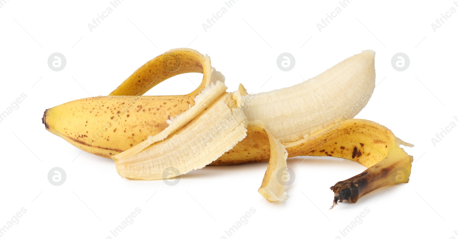 Photo of Ripe banana with dark spots isolated on white