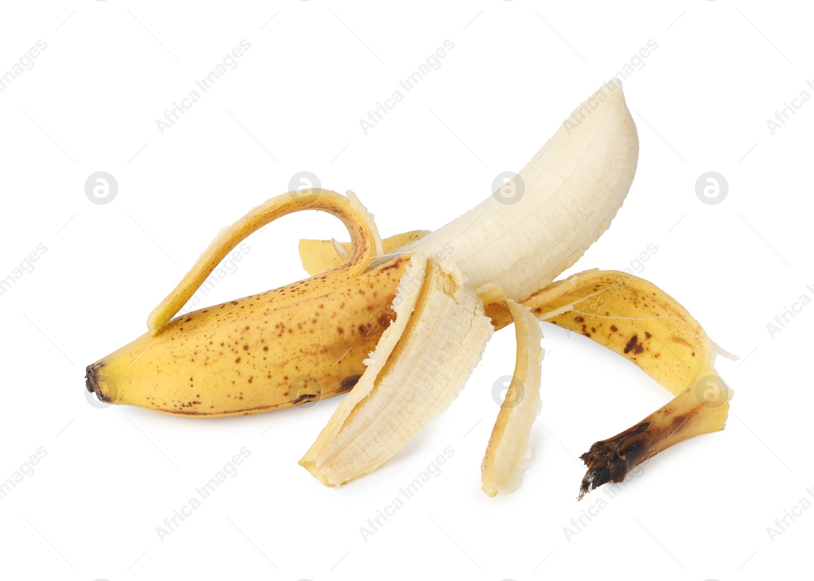 Photo of Ripe banana with dark spots isolated on white