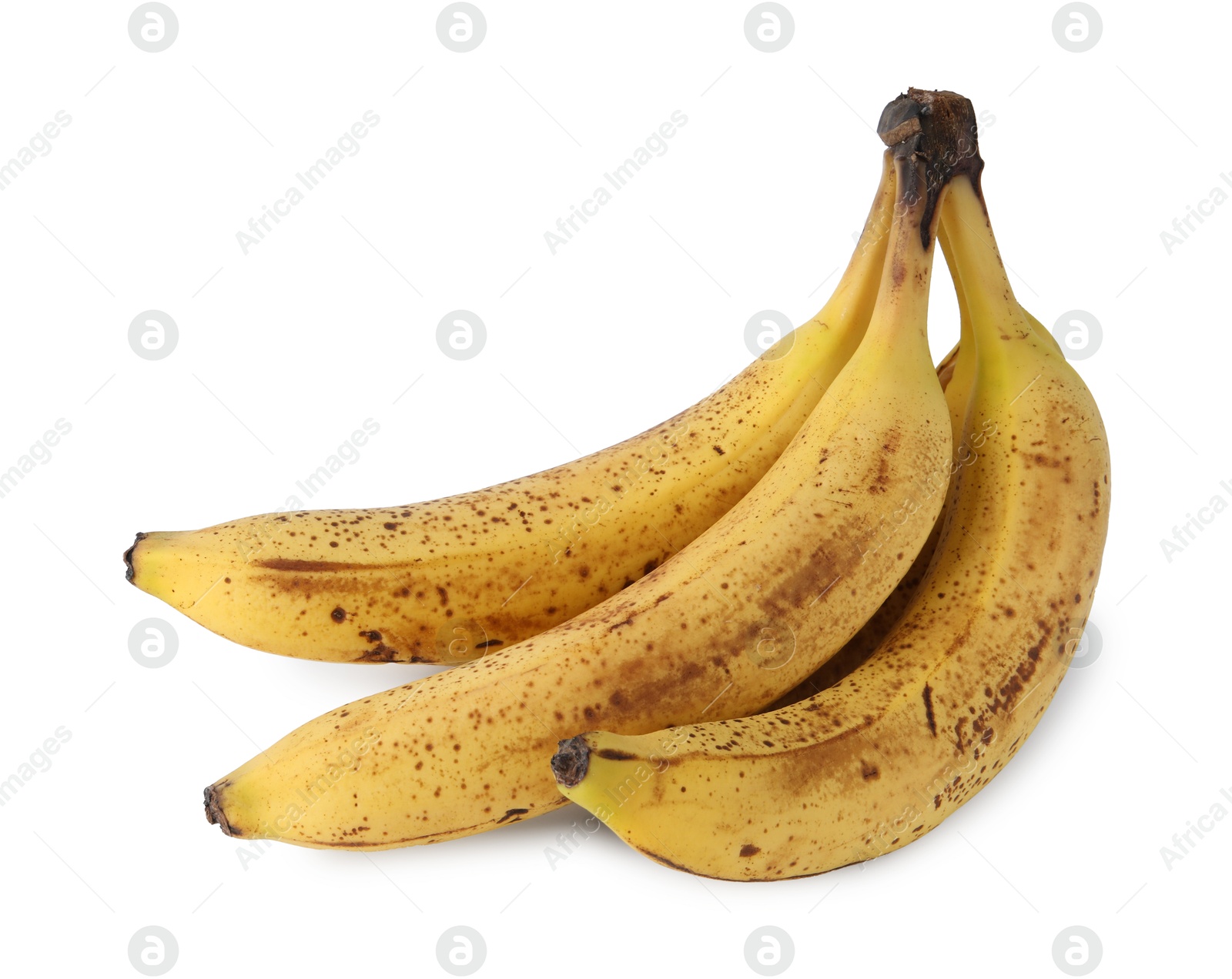 Photo of Bunch of ripe bananas with dark spots isolated on white