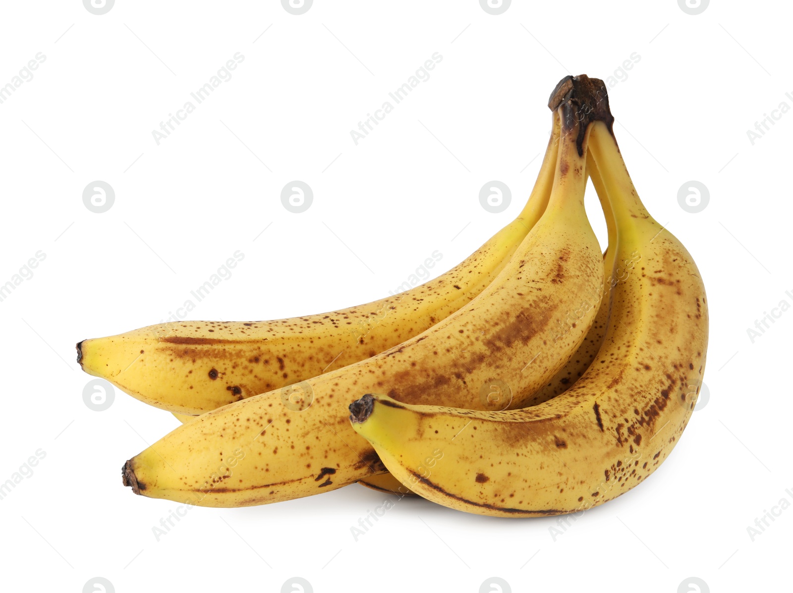 Photo of Bunch of ripe bananas with dark spots isolated on white