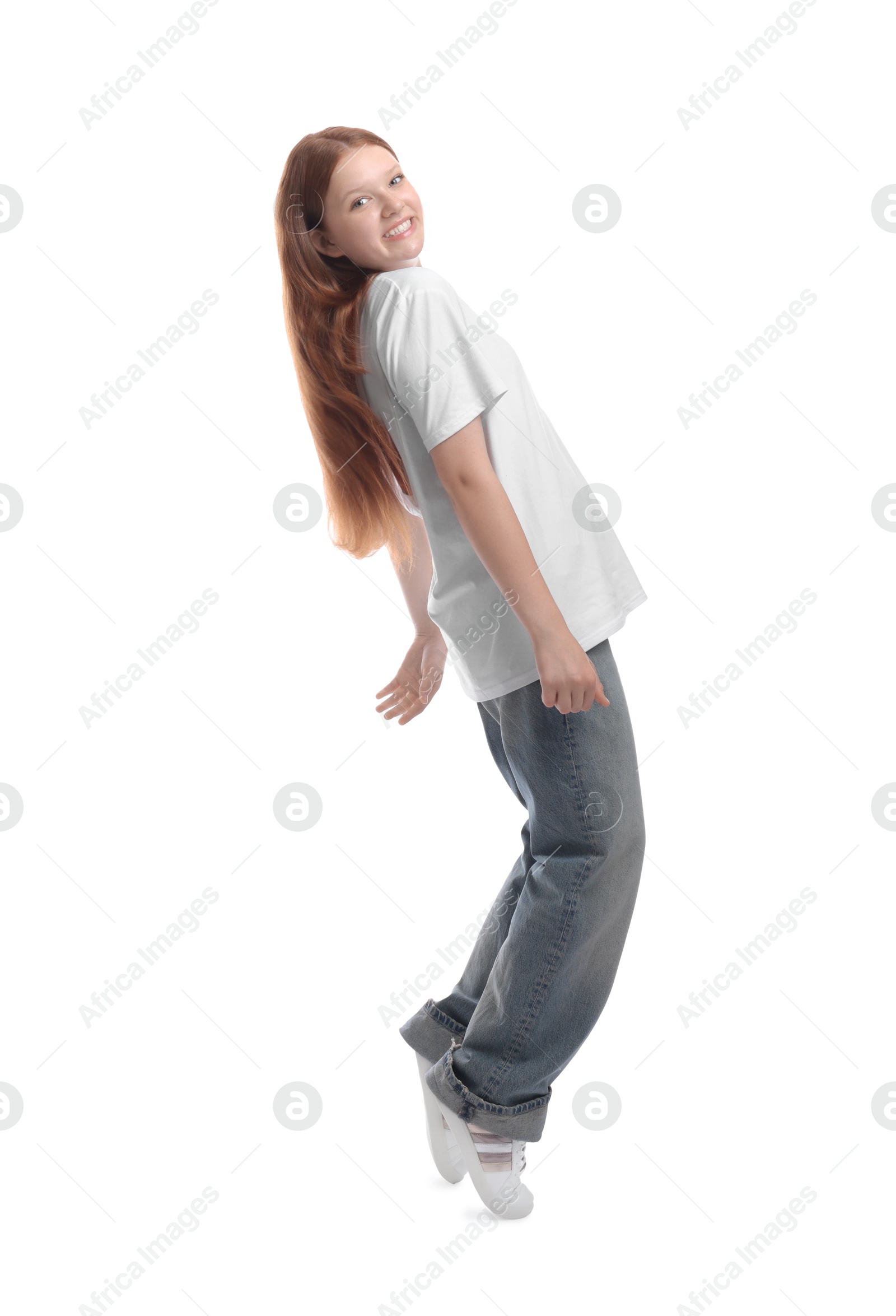 Photo of Full length portrait of teenage girl on white background