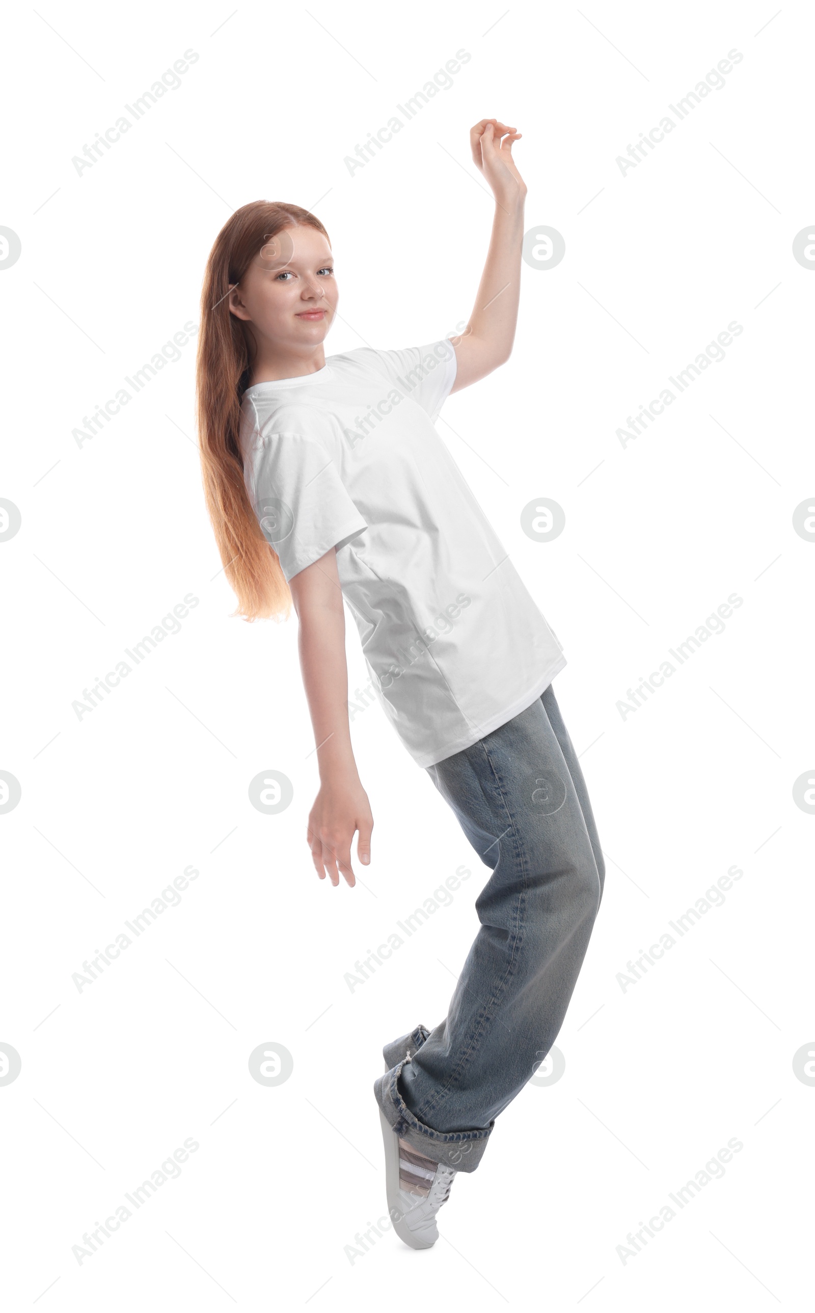 Photo of Full length portrait of teenage girl on white background