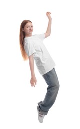 Photo of Full length portrait of teenage girl on white background