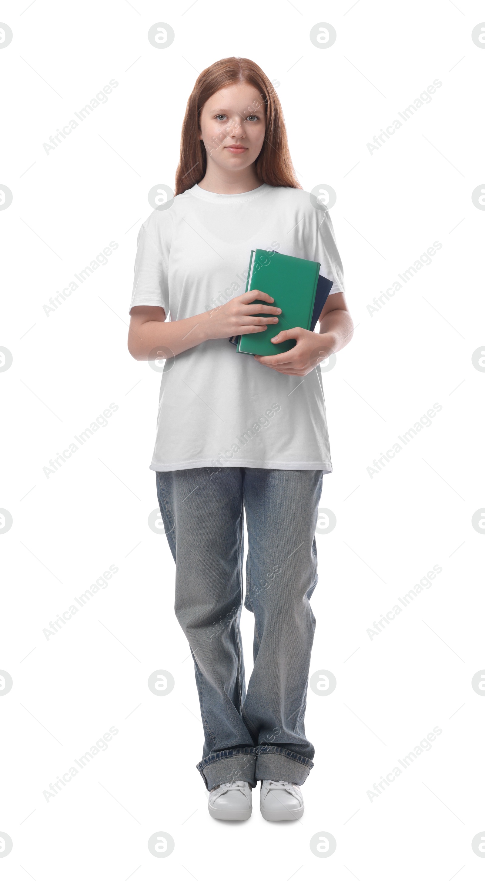 Photo of Teenage girl with books on white background