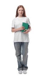 Teenage girl with books on white background