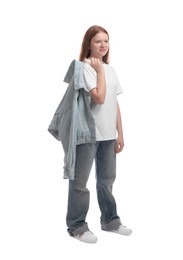 Portrait of teenage girl with denim jacket on white background