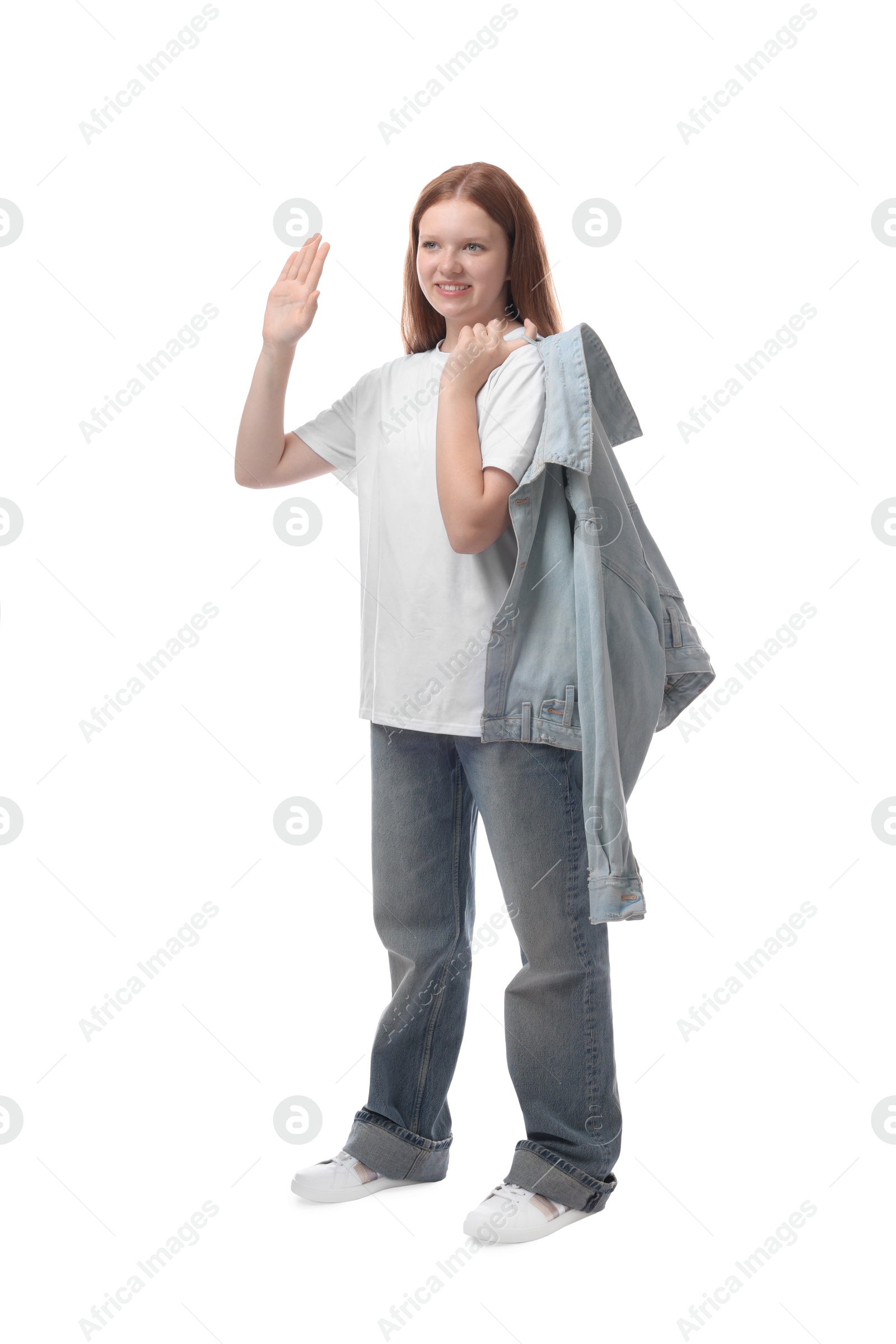 Photo of Portrait of teenage girl with denim jacket on white background