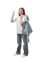 Photo of Portrait of teenage girl with denim jacket on white background