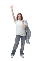 Portrait of teenage girl with denim jacket on white background