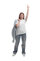 Portrait of teenage girl with denim jacket on white background