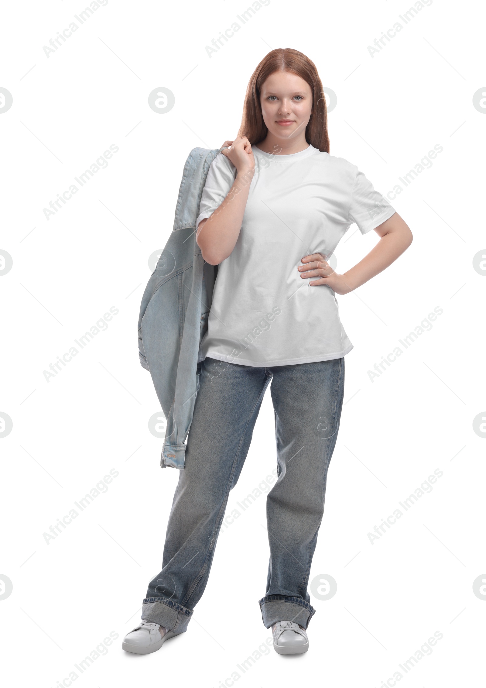 Photo of Portrait of teenage girl with denim jacket on white background