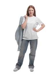 Portrait of teenage girl with denim jacket on white background