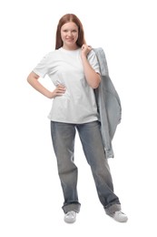 Photo of Portrait of teenage girl with denim jacket on white background