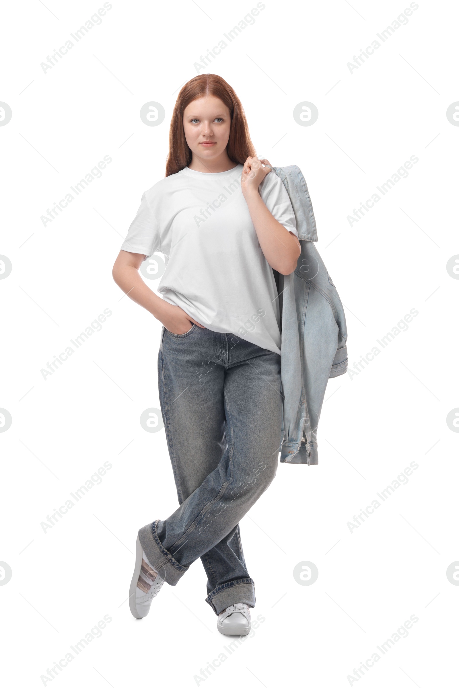 Photo of Portrait of teenage girl with denim jacket on white background