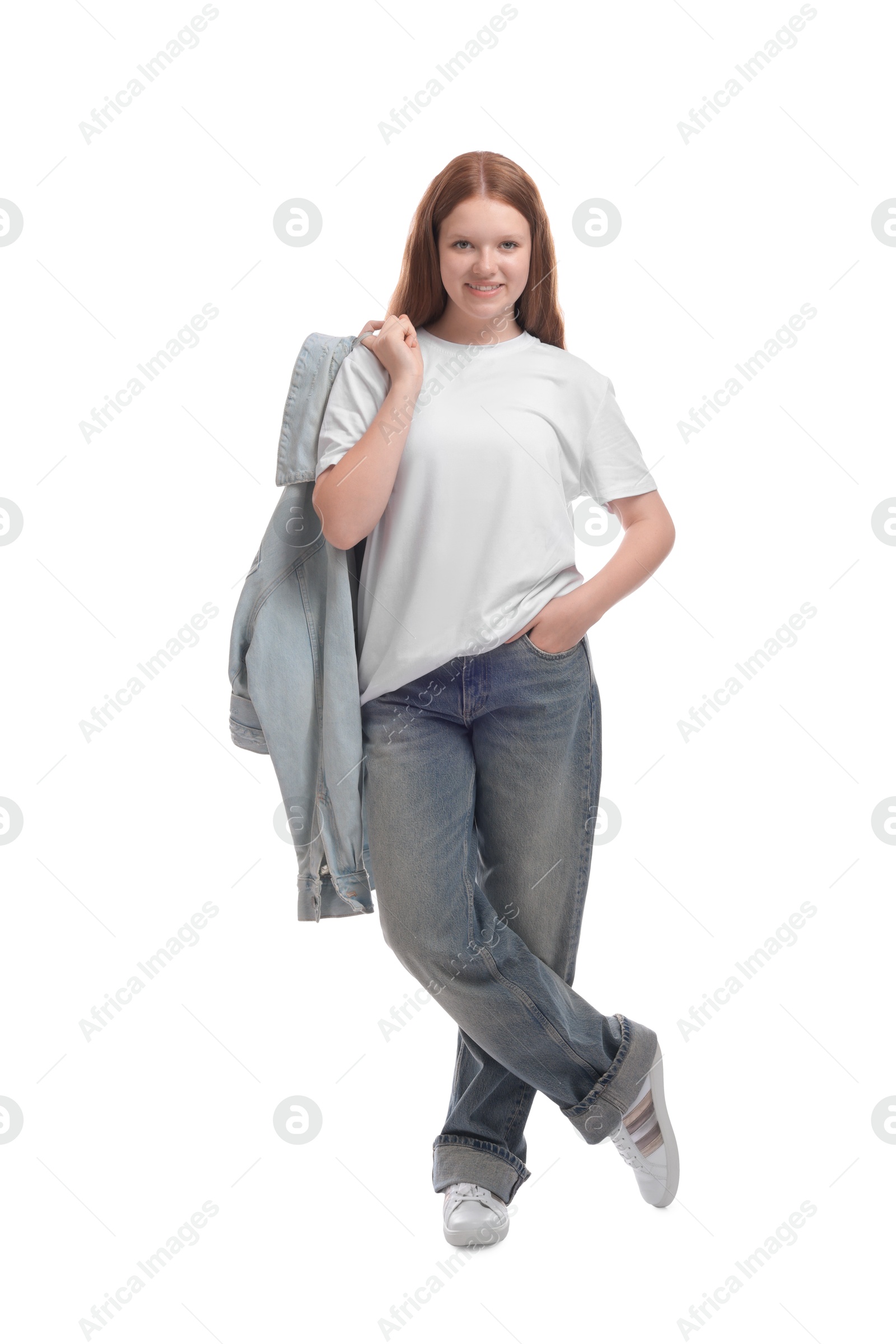 Photo of Portrait of teenage girl with denim jacket on white background