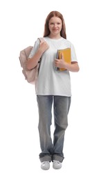 Photo of Teenage girl with backpack and books on white background