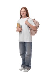 Photo of Teenage girl with backpack and books on white background