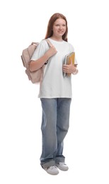 Photo of Teenage girl with backpack and books on white background