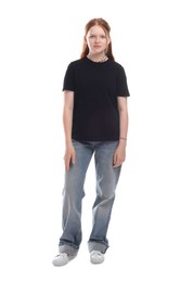 Photo of Full length portrait of teenage girl on white background