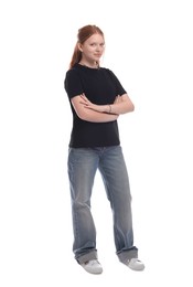 Photo of Full length portrait of teenage girl on white background