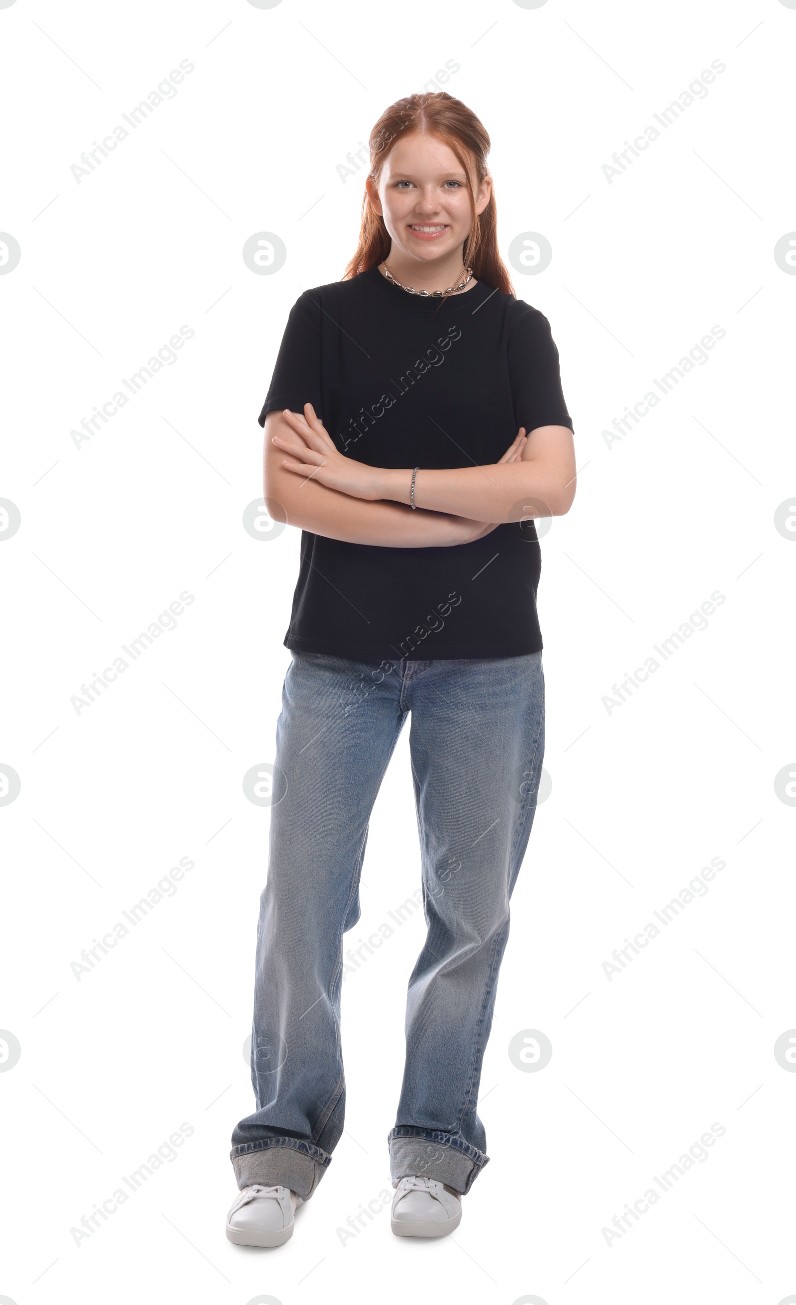 Photo of Full length portrait of teenage girl on white background