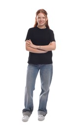 Photo of Full length portrait of teenage girl on white background