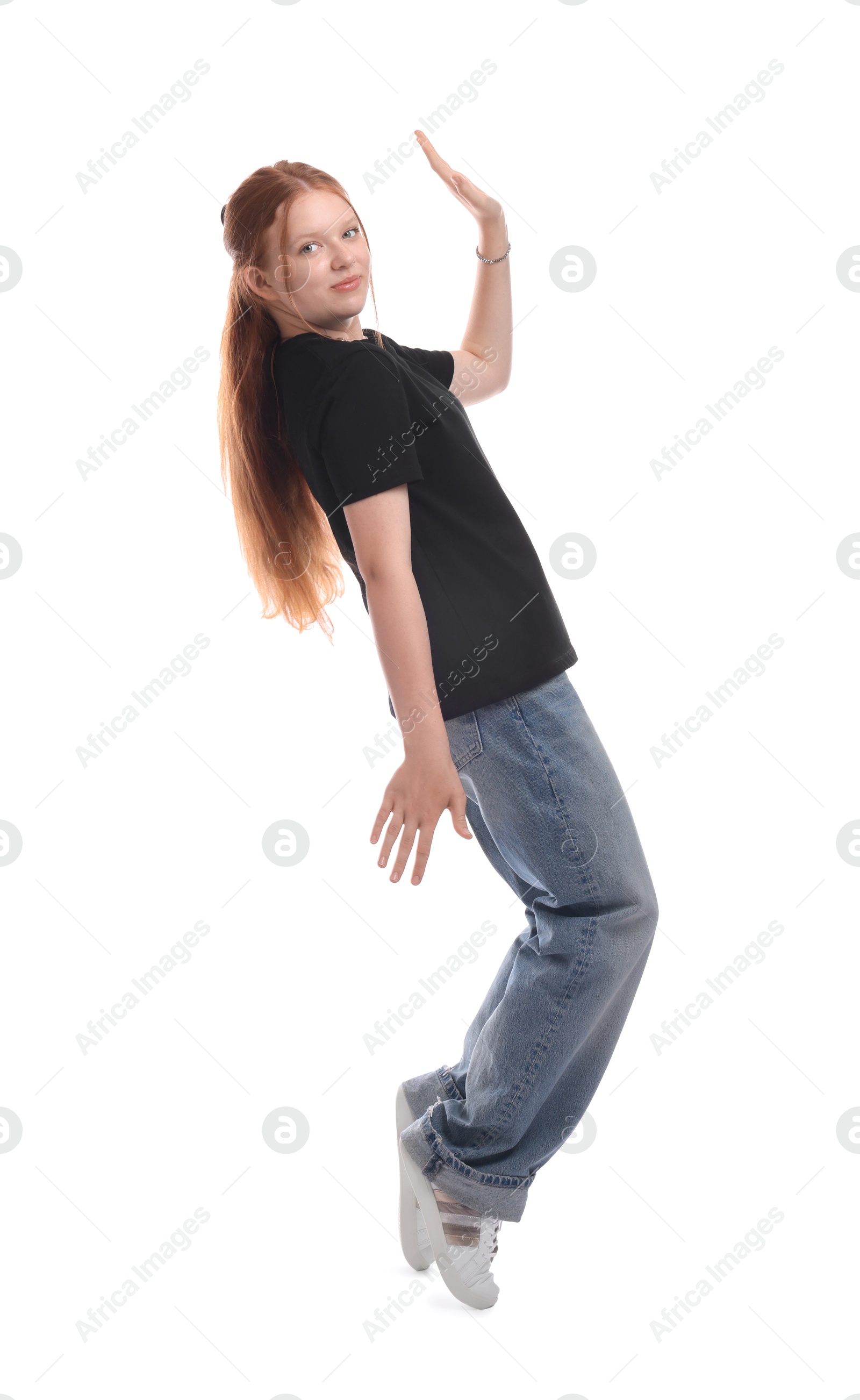 Photo of Full length portrait of teenage girl on white background