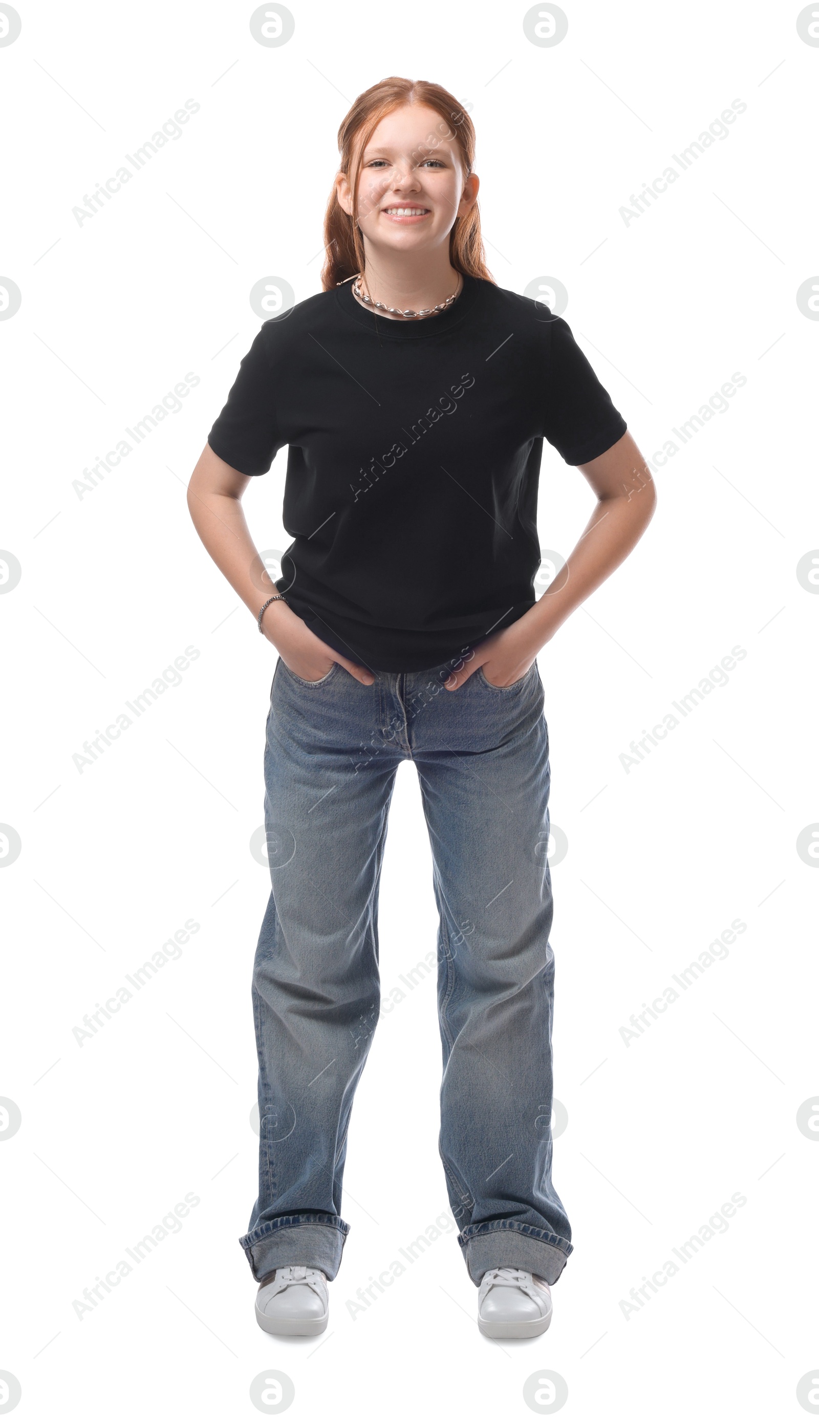 Photo of Full length portrait of teenage girl on white background