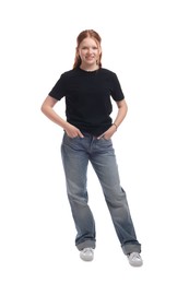 Full length portrait of teenage girl on white background