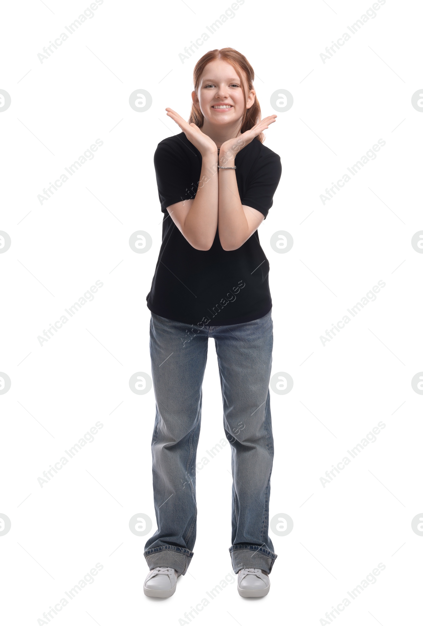 Photo of Full length portrait of teenage girl on white background