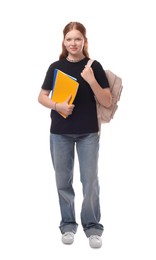 Photo of Teenage girl with backpack and books on white background