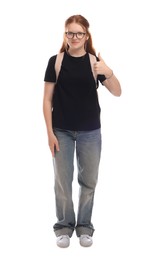 Photo of Teenage girl with backpack showing thumbs up on white background