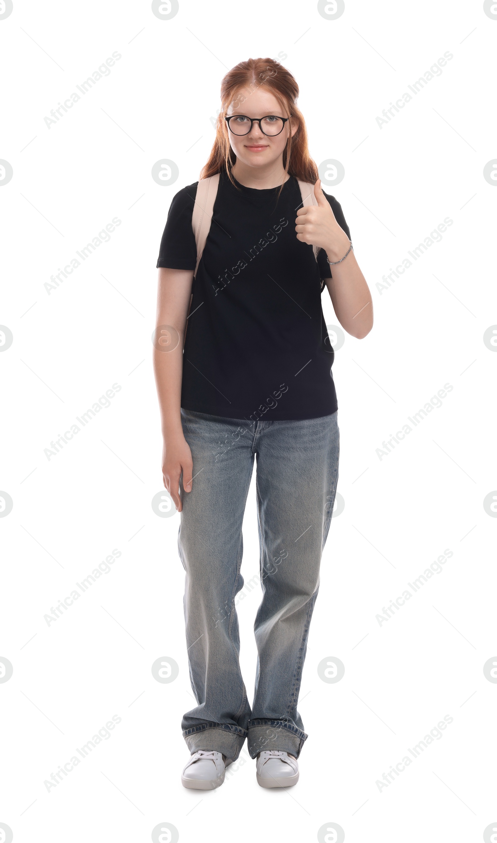 Photo of Teenage girl with backpack showing thumbs up on white background